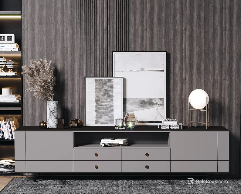 Modern TV Stand Design With Wooden Textured Wall And Decorative Elements 3d model 