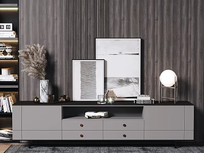 Modern TV Stand Design With Wooden Textured Wall And Decorative Elements 3d model