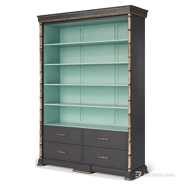 Modern Display Shelf Cabinet With Light Blue Shelves Dark Gray Body And Gold Trim Drawers 3d model 
