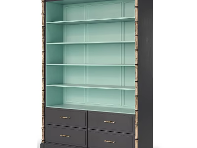 Modern Display Shelf Cabinet With Light Blue Shelves Dark Gray Body And Gold Trim Drawers 3d model
