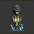 Mythical Female Creature Bust Featuring Green Skin Elaborate Headpiece Blue Gemstones And Wave Base