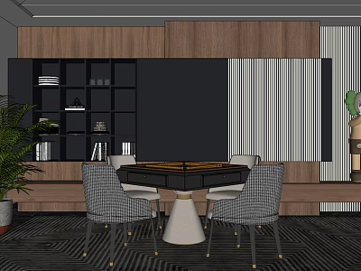 Hotel Mahjong Room Interior Design With Wooden Walls Bookshelves Chairs And Plants 3d model