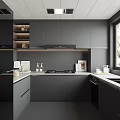 Modern Gray Kitchen Interior With Cabinets Countertop Appliances And Large Windows 3d model