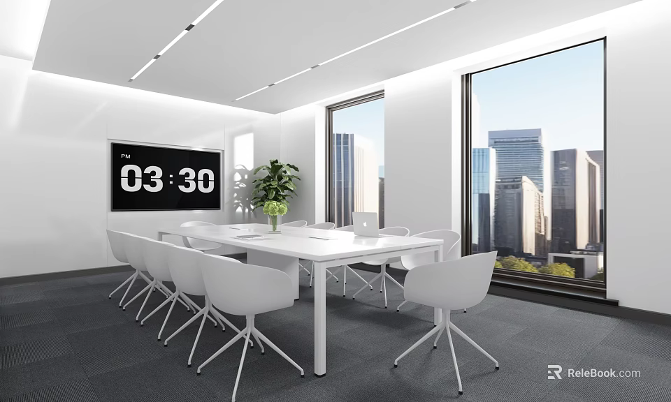 Modern Conference Room With White Table Chairs Wall Mounted Time Display And City View 3d model 
