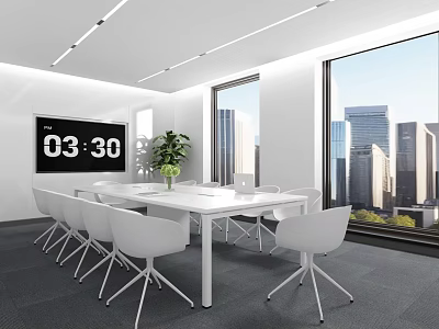 Modern Conference Room With White Table Chairs Wall Mounted Time Display And City View 3d model