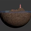 Red And White Lighthouse On Rocky Island With Colorful Buildings And Bridge Over Blue Water