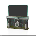 Futuristic Tech Console With Black Screen Cyan Border Central Button And Circuit Lines