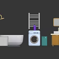 Bathroom Laundry Room Fixtures With Toilet Bathtub Shower Head Radiator Washing Machine Sink and Mirror