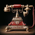 Vintage Metal Telephone With Red Accents Rotary Dial And Ornate Base Design