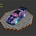 Black And White Race Car With Pink Accents On Metallic Platform With Stripes