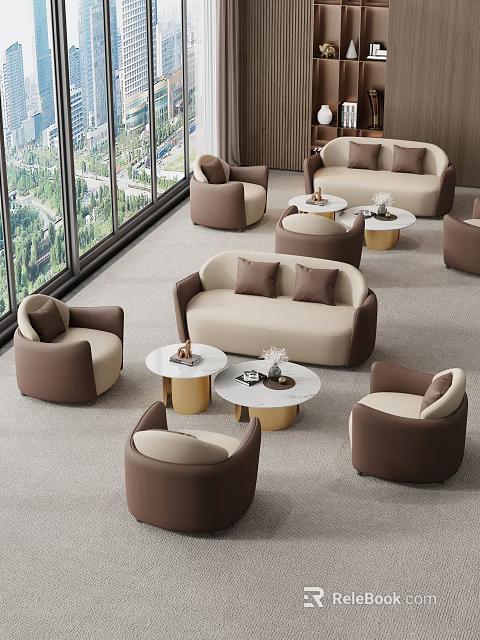 Modern Hotel Lobby Interior With Beige Brown Sofas Armchairs Round Coffee Tables And Large Windows 3d model 
