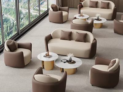 Modern Hotel Lobby Interior With Beige Brown Sofas Armchairs Round Coffee Tables And Large Windows 3d model