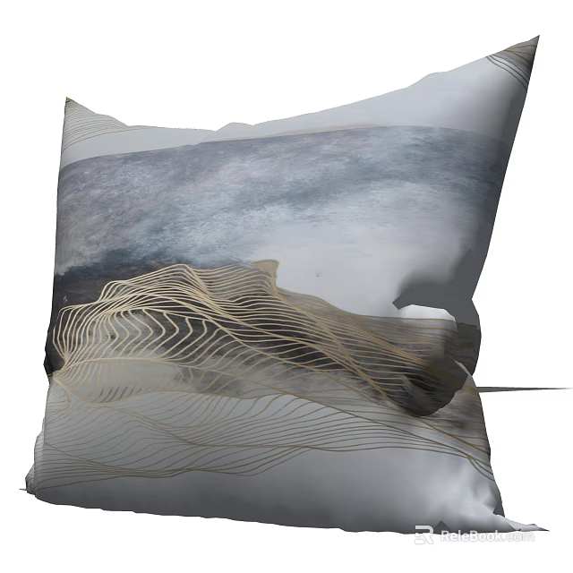 Modern Decorative Pillow With Abstract Gold Lines And Gray White Mountain Wave Design 3d model 