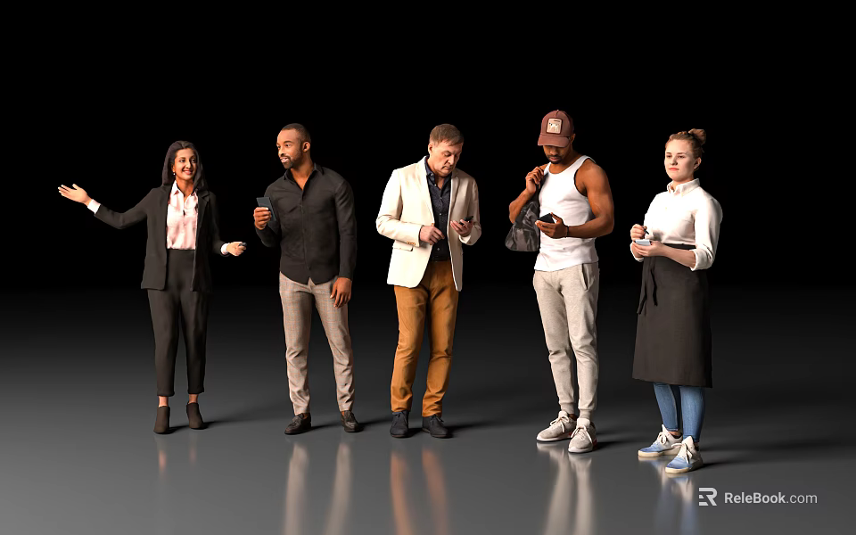 Group of people with various actions holding different items in casual settings 3d model 