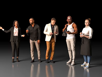 Group of people with various actions holding different items in casual settings 3d model