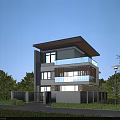 Modern Two Story Detached Villa Exterior With Large Windows And Green Lawn