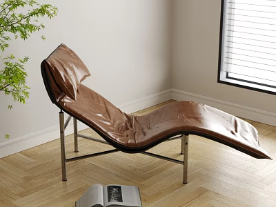 Brown Leather Lounge Chair With Metal Frame On Wooden Floor Near Green Plant 3d model