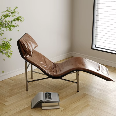 Brown Leather Lounge Chair With Metal Frame On Wooden Floor Near Green Plant 3d model