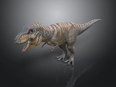 Realistic Striped T Rex Dinosaur Model With Open Mouth On Dark Background 3d model