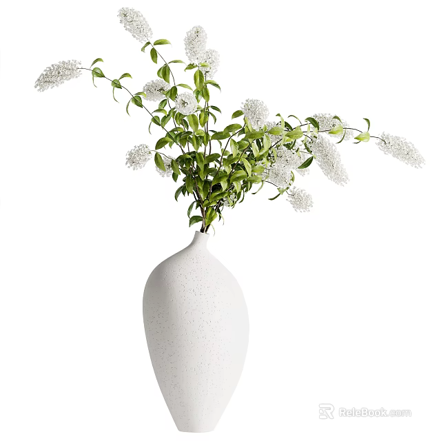 Elegant White Ceramic Vase With Green Leaves And White Floral Sprigs Arrangement 3d model 