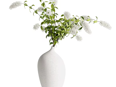 Elegant White Ceramic Vase With Green Leaves And White Floral Sprigs Arrangement 3d model