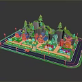 Modern 3D Cartoon Village Scenery With Colorful Buildings Windmill And Green Hills