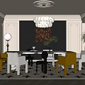 Elegant Dining Room with Large Table Various Chairs Chandelier Dark Paneled Wall Plants Patterned Rug