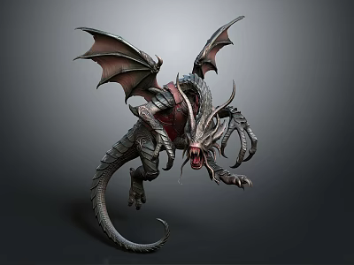 Mechanical Dragon Character As Mythical Creature 3D Model With Wings Sharp Claws And Open Mouth 3d model
