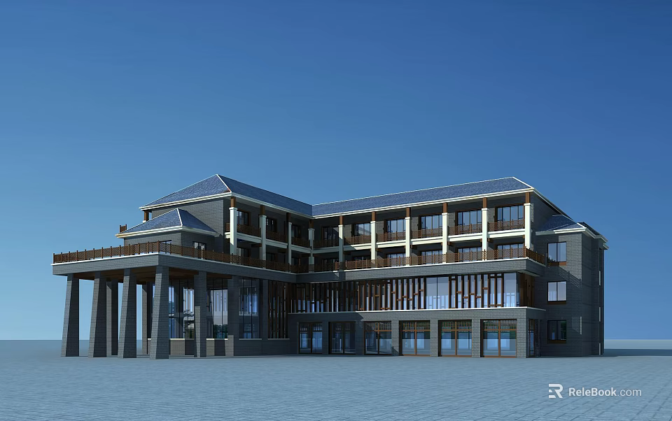 Modern Office Building With Multi Floor Design Large Glass Windows And Pillars 3d model 