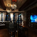 Modern KTV Interior With Leather Seating Wooden Ceiling And Round Wall Art
