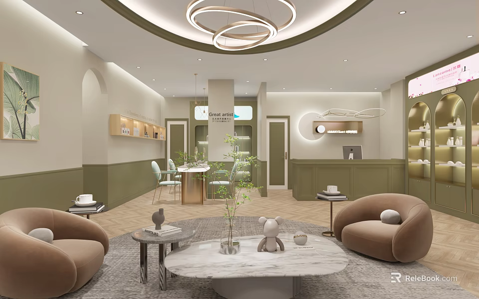 Elegant Luxury Beauty Salon Interior Design With Sofa Coffee Table Plants And Lighting 3d model 