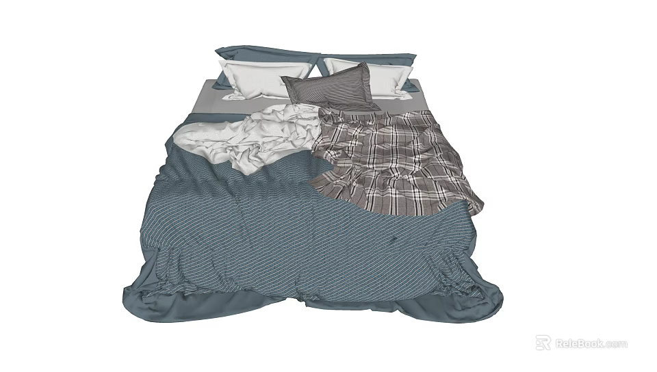 Comfortable Double Bed Bedding with Blue Quilt Plaid Blanket and Pillows 3d model 