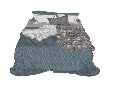 Comfortable Double Bed Bedding with Blue Quilt Plaid Blanket and Pillows 3d model