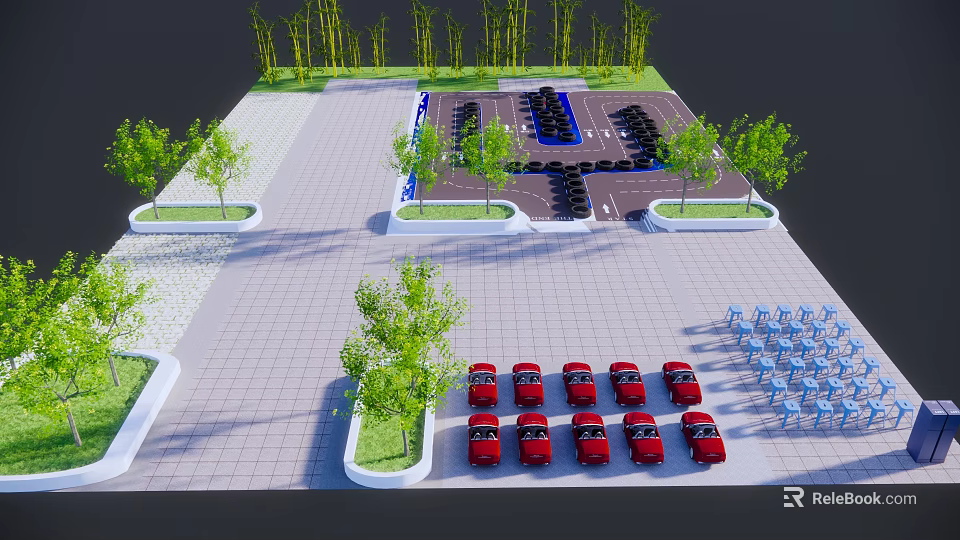 Parking Lot Design Featuring Red Cars Trees Blue Chairs And Paved Space 3d model 