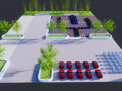 Parking Lot Design Featuring Red Cars Trees Blue Chairs And Paved Space 3d model