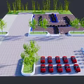 Parking Lot Design Featuring Red Cars Trees Blue Chairs And Paved Space