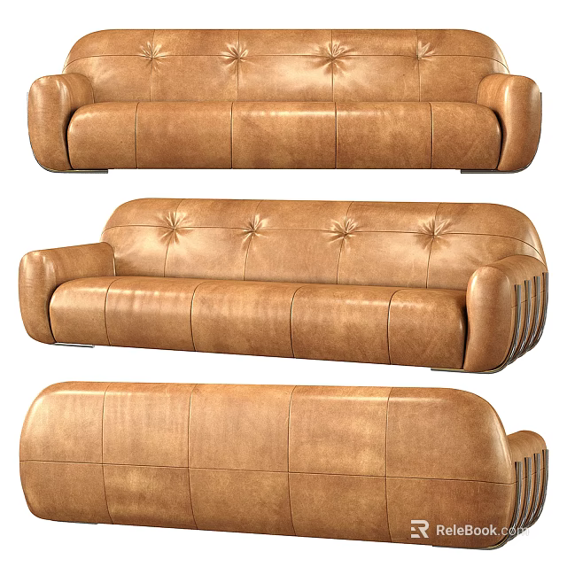 Brown Leather Sectional Sofa With Tufted Buttons And Curved Armrest For Living Room Interior 3d model 