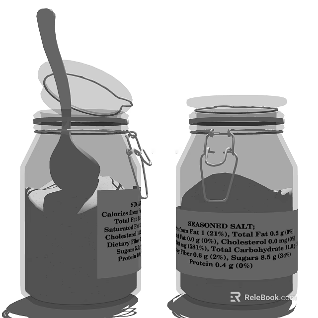 Seasoned Salt Clear Glass Jars With Nutrition Label Spoon And Ingredients 3d model 