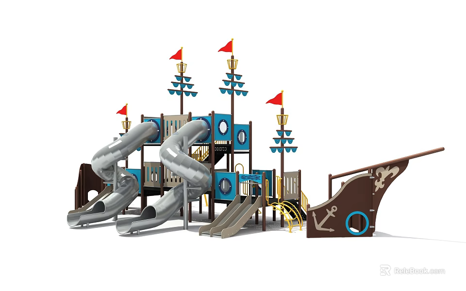 Pirate Ship Themed Playground Equipment With Slides Flags And Climbing Structures 3d model