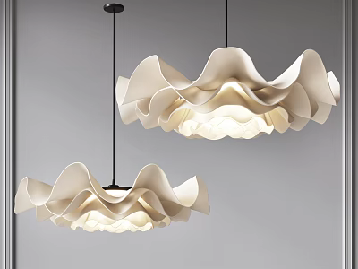 Two Unique Shaped White Pendant Lights with Wavy Design Emitting Warm Light on Gray Wall 3d model