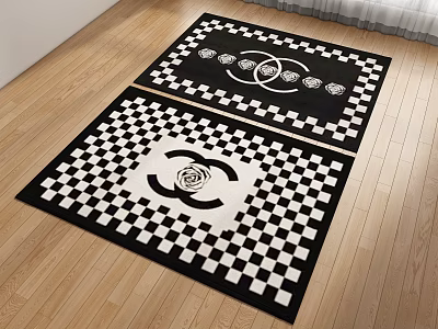 Modern Black and White Square Carpets With Checkerboard Pattern Double C Logo and Rose Design 3d model