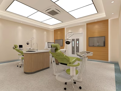 Modern Dental Clinic Interior With Green Chairs Wooden Counter Square Lights And TV 3d model