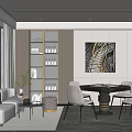 Modern Entertainment Room Interior Design With Sofa Dining Table Chairs Display Cabinet And Artwork 3d model