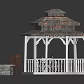 Outdoor Wooden Gazebo With White Columns Stone Fire Pit And Chairs In Yard Setting