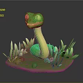 Green Cartoon Snake Character With Smiling Face In Grass And Stones