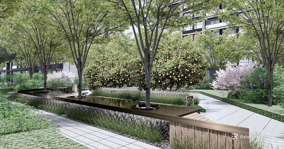 Serene Garden Landscape With Lush Trees Water Feature Pathway And Benches 3d model 