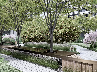 Serene Garden Landscape With Lush Trees Water Feature Pathway And Benches 3d model
