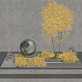 Garden Ornament Scene Featuring Golden Trees Glowing Sphere Small Stones And Green Grass
