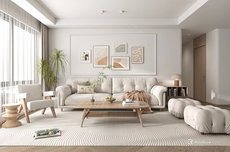 Modern Living Room Interior With White Sofa Wooden Coffee Table Decorative Paintings And Plant 3d model 