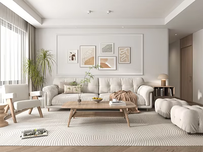 Modern Living Room Interior With White Sofa Wooden Coffee Table Decorative Paintings And Plant 3d model
